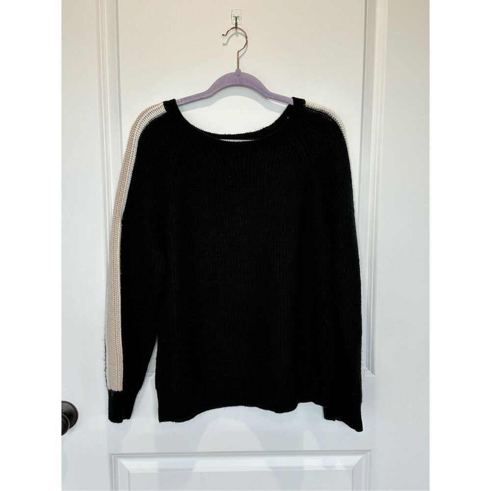 Sanctuary Crewneck Sweater Black with Tan and White Stripe on arms Size 1X